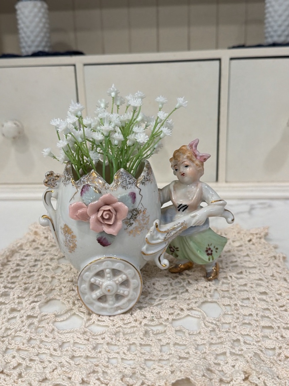 Vintage Thames Porcelain Girl with Floral Egg Cart Decorative Planter